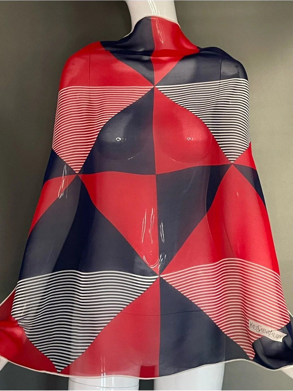 Vintage Yves Saint Laurent Red White Blue Sheer Silk Scarf 30 In Exc Condition
